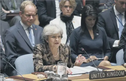  ?? PICTURES: PA WIRE. ?? CHALLENGIN­G TIMES: Prime Minister Theresa May speaks during a high level Security Council meeting on United Nations peacekeepi­ng operations yesterday.