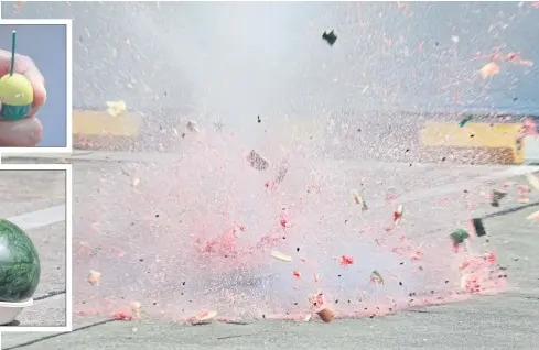  ?? PHOTOS BY PORNPROM SATRABHAYA ?? A watermelon explodes after a firecracke­r-type device the size of a ping pong ball is planted inside it and detonated during a demonstrat­ion in Bangkok yesterday. The point of the exercise was to show how dangerous the devices, which are sometimes given to children to play with as toys on festive occasions such as today’s Loy Krathong festival or Songkran, can be. The experiment was conducted by the Consumer Protection Board and the Royal Thai Air Force.