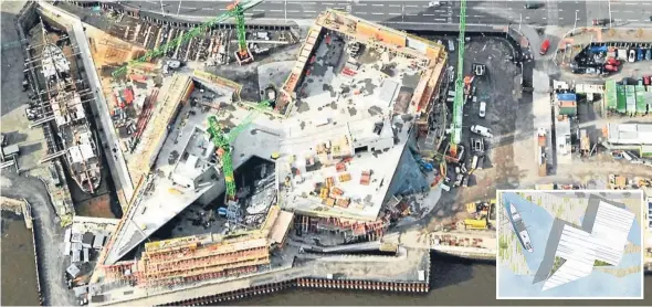  ??  ?? An aerial photo of the new V&A next to Discovery, taken by Jim Crosby, in which the building’s form can be seen. Inset: How it’ll look when completed.