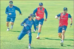  ?? AFP ?? Shreyas Iyer (front) with teammates during India’s training session on the eve of the first ODI against Bangladesh at the Sher-e-bangla National Stadium in Dhaka on Saturday.