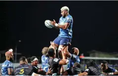  ?? Photo: TVNZ ?? Blues No.8 Hoskins Sotutu wins a line-out against Chiefs at FMG Waikato Stadium in Hamilton on June 20, 2020.