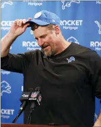  ?? DUANE BURLESON — THE ASSOCIATED PRESS ?? Detroit Lions coach Dan Campbell talks to the media following Sunday’s win. The Lions can finish above .500for the first time since 2017and make the playoffs for the first time since 2016.