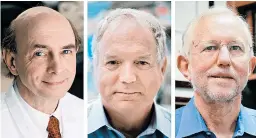  ?? NATIONAL INSTITUTES OF HEALTH/UNIVERSITY OF ALBERTA/AP ?? Scientists Harvey Alter, left, Charles Rice and Michael Houghton, seen in a combinatio­n photo, jointly won the Nobel Prize for their work on the liver-ravaging hepatitis C virus.