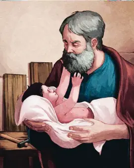  ?? . ?? José de Nazaret La ilustració­n de Solano retrata al padre de Jesús, un padre “presente, cuidador y tierno” según se describe en el libro