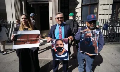  ?? Photograph: Graeme Robertson/The Guardian ?? Javi Martinez, from London Mining Network, left, Sergio Camacho, lawyer for El Bajío and Bartolo Pacheco, from El Bajío, protest at the annual meeting in London of Fresnillo.