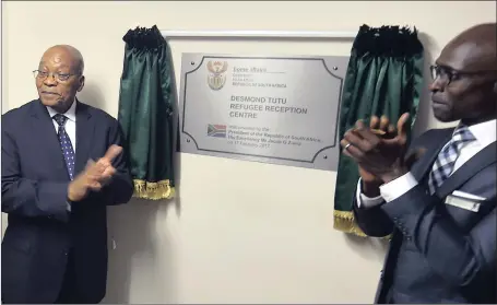  ?? Picture: BONGANI SHILULBANE ?? OPEN: President Jacob Zuma and Minister of Home Affairs Malusi Gigaba at the launch of the Desmond Tutu Refugee Reception Centre in Pretoria.