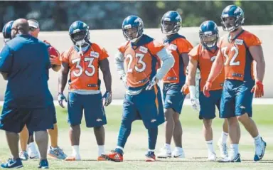  ?? AAron Ontiveroz, The Denver Post ?? From left, Broncos running backs De’Angelo Henderson, Devontae Booker, David Williams, Phillip Lindsay and Andy Janovich work out during a minicamp in June. Lindsay is a former CU star.