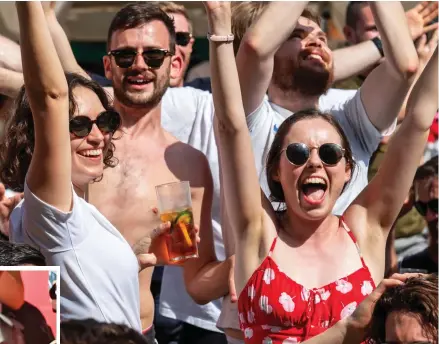  ??  ?? Crowd goes wild: Football fans at Flat Iron Square’s beer garden in London. Left: Katie Goodland, Harry Kane’s wife, at Wembley yesterday. Right: Cheers at Boxpark courtyard in Croydon, south London