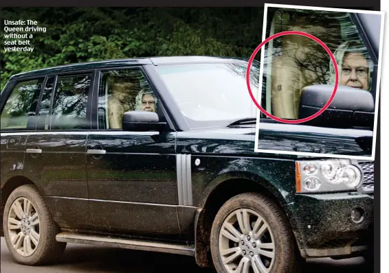  ??  ?? Unsafe: The Queen driving without a seat belt yesterday