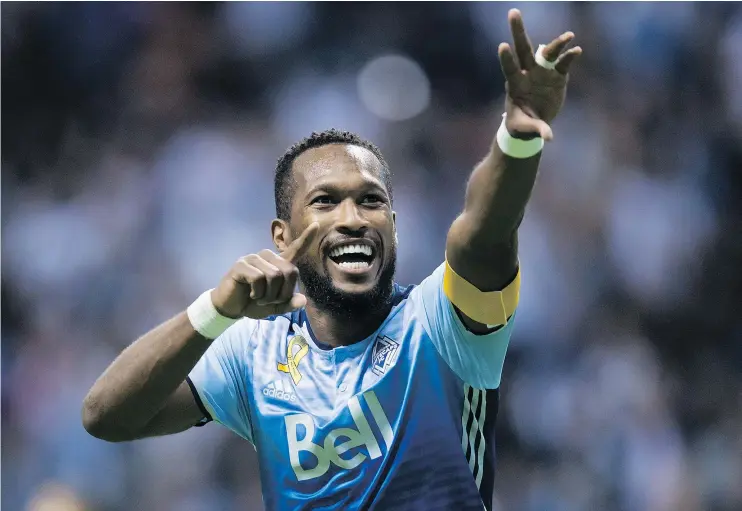  ?? — CP FILES ?? Kendall Waston celebrates after scoring against Real Salt Lake earlier this season. Waston is asking fans to make some noise and push the Caps to playoff success.