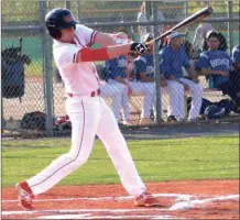  ?? LARRY GREESON / For the Calhoun Times ?? Sonoravill­e’s Gage Soulios connects for a hit during Tuesday’s game against Bremen.