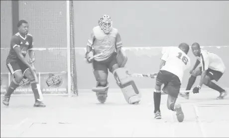  ??  ?? Jamarj Assanah shoots a penalty corner for the PEPSI Hikers.