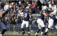  ?? CHRIS KNIGHT — THE ASSOCIATED PRESS ?? Penn State quarterbac­k Trace McSorley (9) throws a pass against Wisconsin last Saturday in State College.