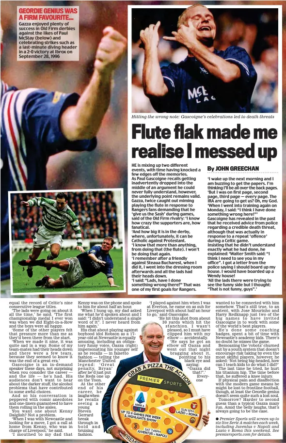  ??  ?? Gazza enjoyed plenty of success in Old Firm derbies against the likes of Paul McStay (below) and celebratin­g strikes such as a last-minute diving header in a 2-0 victory at Ibrox on September 28, 1996