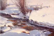  ??  ?? James Morgan, Winter Stream with Mink Tracks, oil on linen, 8 x 12”