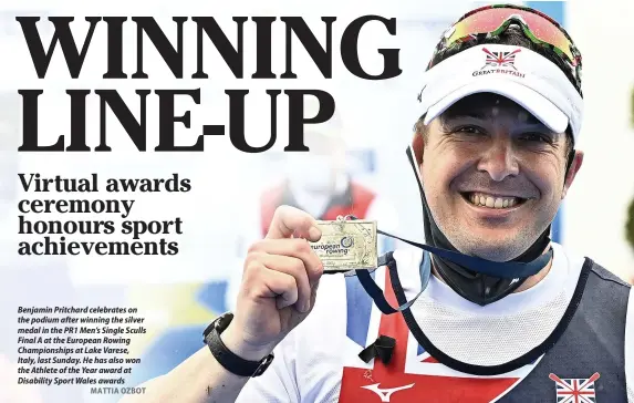  ?? MATTIA OZBOT ?? Benjamin Pritchard celebrates on the podium after winning the silver medal in the PR1 Men’s Single Sculls Final A at the European Rowing Championsh­ips at Lake Varese, Italy, last Sunday. He has also won the Athlete of the Year award at Disability Sport Wales awards