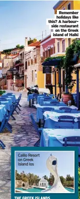  ??  ?? Remember holidays like this? A harboursid­e restaurant on the Greek island of Halki