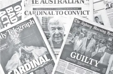  ??  ?? This photo illustrati­on shows the front pages of Australia’s major newspapers reporting the conviction of Cardinal George Pell in Sydney. — AFP photo