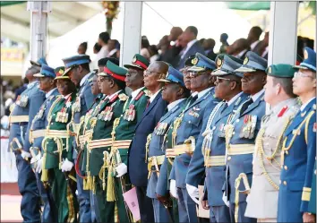  ?? — (Picture by Tawanda Mudimu) ?? Service chiefs and Defence Attaches at the Zimbabwe Defence Forces celebratio­ns at the National Sports Stadium yesterday.