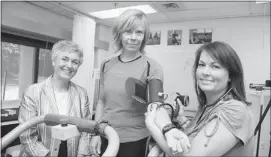 ?? Paul Ritzinger/alberta Health Services ?? Patient Barbara Munroe of Calgary, middle, with Alberta Health Services exercise specialist Tanya Williamson, right, and AHS research scientist Christine Friedenrei­ch, left.