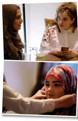  ??  ?? Discovery: Farhana (top left) and Siobhan discuss cultural difference­s, and Siobhan tries on Farhana’s headscarf