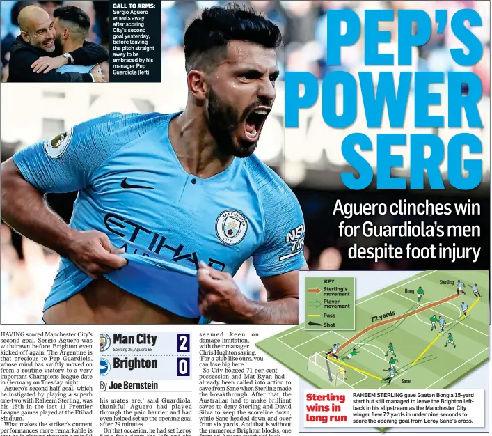  ??  ?? CALL TO ARMS: Sergio Aguero wheels away after scoring City’s second goal yesterday, before leaving the pitch straight away to be embraced by his manager Pep Guardiola (left)