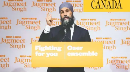  ?? DARRYL DYCK / THE CANADIAN PRESS ?? NDP Leader Jagmeet Singh made it clear on Tuesday that, post-election, his focus is on supporting the country's health-care workers.