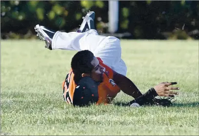  ?? PHOTOS BY JOEL ROSENBAUM — THE REPORTER ?? Vacaville High School left fielder Caleb Morant traps a ball after he made a diving attempt to make a catch during the sixth inning of the Bulldogs’ 13-7loss to Rodriguez High School on Thursday at Vaca High.