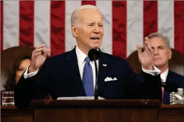  ?? JACQUELYN MARTIN — THE ASSOCIATED PRESS ?? President Joe Biden delivers the State of the Union address to a joint session of Congress on Tuesday as Vice President Kamala Harris and House Speaker Kevin McCarthy listen.