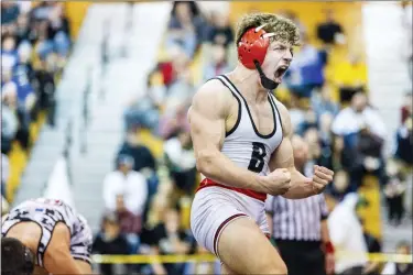  ?? NATE HECKENBERG­ER - FOR MEDIANEWS GROUP ?? Boyertown’s Gavin Sheridan celebrates after defeating West Chester Hendersons’ Carmen Cortese, 8-4, in the 133-pound final.