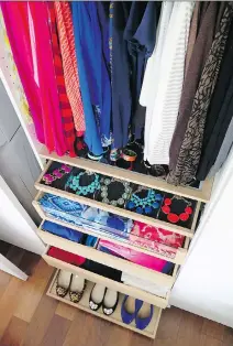  ??  ?? A mixture of pull-out drawers and hanging rods, tailored to a homeowner’s needs, can maximize the usefulness of closet space in even the smallest condo.