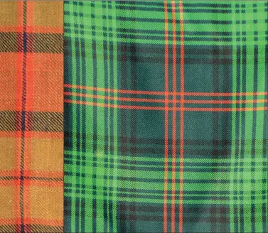  ?? Photograph: Iain Thornber ?? Samples of tartan showing the difference between muted vegetable (red) and the harsher synthetic (black and green) dyes.