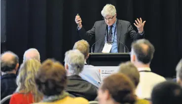  ?? PHOTO: LINDA ROBERTSON ?? Health of the nation . . . University of Otago Provicecha­ncellor of Health Sciences Prof Peter Crampton explains the merits of a National School of Rural Health at the General Practice Conference in Dunedin yesterday.