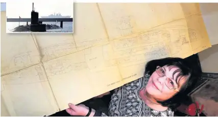  ?? Robert Parry Jones ?? > Stella Parker with the plans for a Trafalgar-class British nuclear submarine, inset, from the 1980s