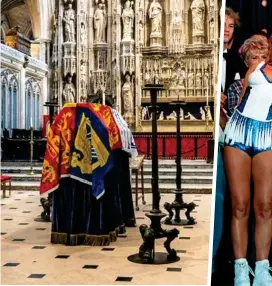  ?? ?? Royal encounter: Geri Halliwell and Prince Charles, right. Above, coffin in cathedral