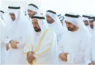  ??  ?? Dr Sheikh Sultan bin Mohammed Al Qasimi offers Eid prayers at Al Badee Mualla in Sharjah on Sunday.