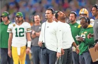  ?? RAJ MEHTA / USA TODAY SPORTS ?? Packers head coach Matt LaFleur was none too pleased after his defense was torched on two trick plays by the Lions on Sunday.