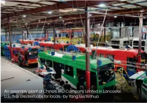  ??  ?? An assembly plant of China’s BYD Company Limited in Lancaster, aster, U.S., has created jobs for locals. by Yang Lei/xinhua