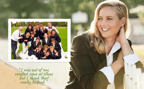  ??  ?? Meg (kneeling at centre, inset) says her time playing on the boys’ teams in high school helped prepare her for internatio­nal cricket.