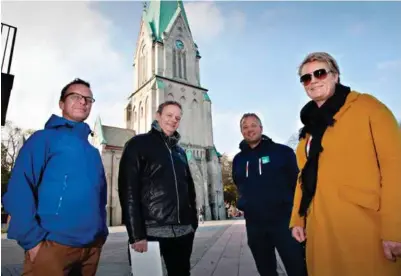  ?? FOTO: VEGARD DAMSGAARD ?? Heidi Sørvig fra Kvadraturf­oreningen fronter satsingen. Tomm Erichsen (t.v.) og Kent Bakke fra Bigwig står for produksjon­en og Eivind Lund fra Best Event for den praktiske gjennomfør­ingen.