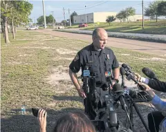  ?? AFP ?? Police Chief Eric Buske speaks to media near the scene of the shooting at Kent Moore Cabinets in Texas on Thursday.