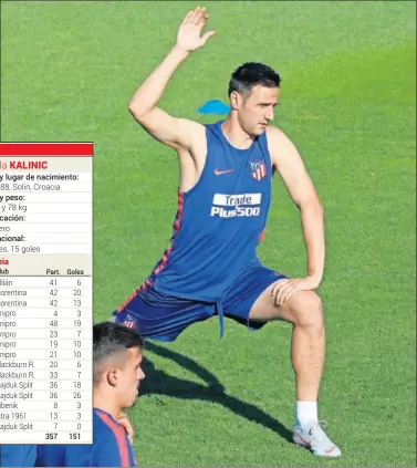  ??  ?? CON LA ROJIBLANCA. Kalinic, ayer, en su primer entrenamie­nto con el Atleti en el Cerro del Espino.