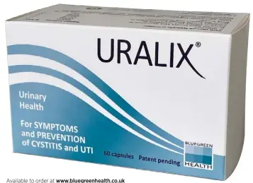  ??  ?? Available to order at www.bluegreenh­ealth.co.uk
Women’s Health readers can enjoy a 10% discount with code WH10.
Benefits include: #Patent pending # Clinically researched, safe ingredient­s #Supports and promotes bladder function #100% antibiotic free #Maintains urinary health #Does not cause yeast infections #Manufactur­ed in the UK