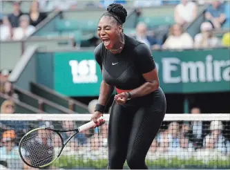  ?? ALESSANDRA TARANTINO THE ASSOCIATED PRESS ?? Serena Williams celebrates after scoring a point against Kristyna Pliskova at the French Open on Tuesday.