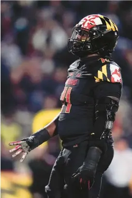  ?? CORTEZ/AP JULIO ?? “I would venture to say there are very few tackles throughout the country that have the athleticis­m he has,” Maryland coach Mike Locksley said of left tackle Jaelyn Duncan.