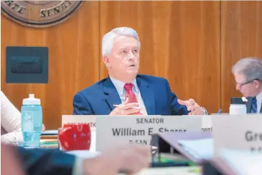  ?? EDDIE MOORE/JOURNAL ?? Sen. Clemente Sanchez, D-Grants, talks during a meeting of the Senate Corporatio­ns and Transporta­tion Committee on Thursday during which he amended House Bill 6, tax-overhaul proposal.