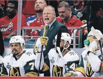  ?? ALEX BRANDON THE CANADIAN PRESS ?? Vegas Golden Knights head coach Gerard Gallant watched his team play well but fall behind three games to one in the best-of-seven Stanley Cup final Monday night. The Golden Knights lost the game, 6-2.