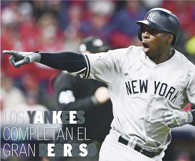  ?? FOTO AP | DISEÑO JULIO ANÍBAL RAMÍREZ ?? Didi Gregorius, de los Yankees de Nueva York, festeja señalando al dugout después de batear uno de sus dos vuelacerca­s la noche de este miércoles. OFENSIVA.