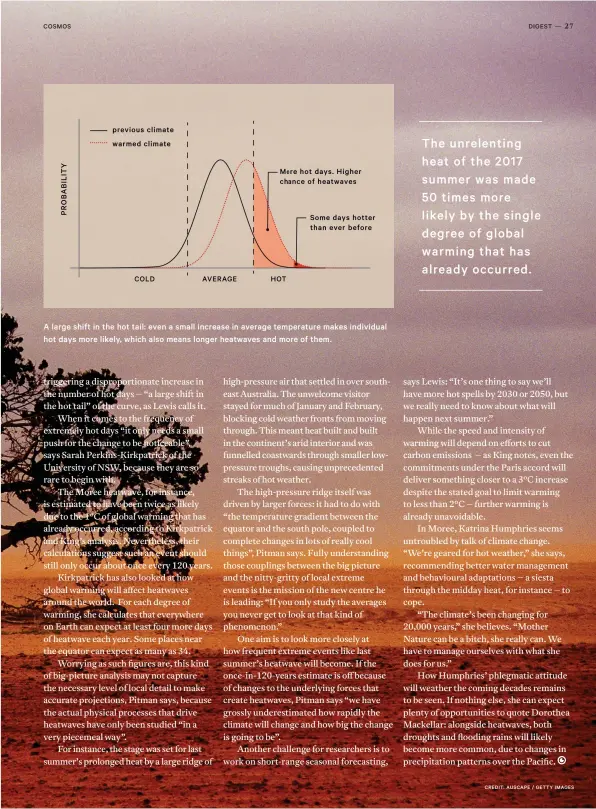  ??  ?? A large shift in the hot tail: even a small increase in average temperatur­e makes individual hot days more likely, which also means longer heatwaves and more of them.