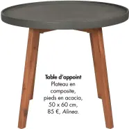  ??  ?? Table d’appoint Plateau en composite, pieds en acacia, 50 x 60 cm, 85 €, Alinea.